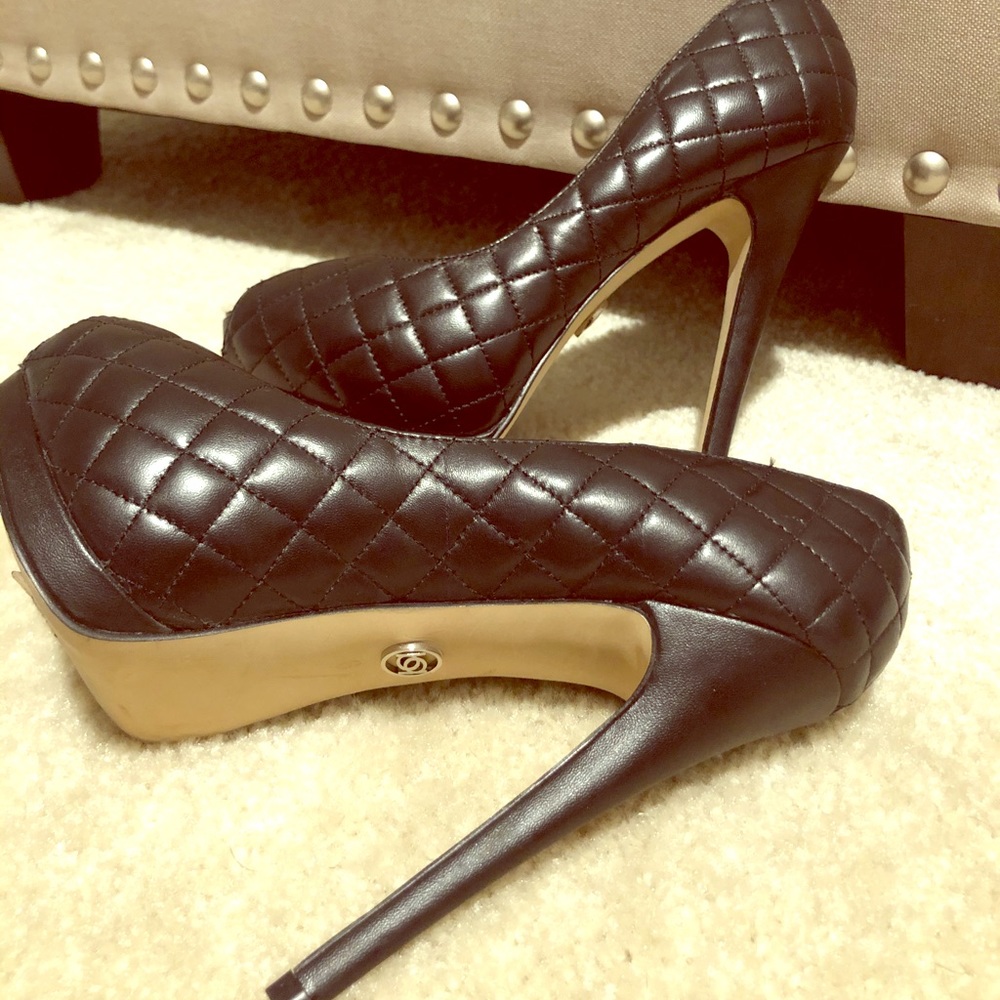 Black, Quilted, Open toe, Bebe, Platform heel
